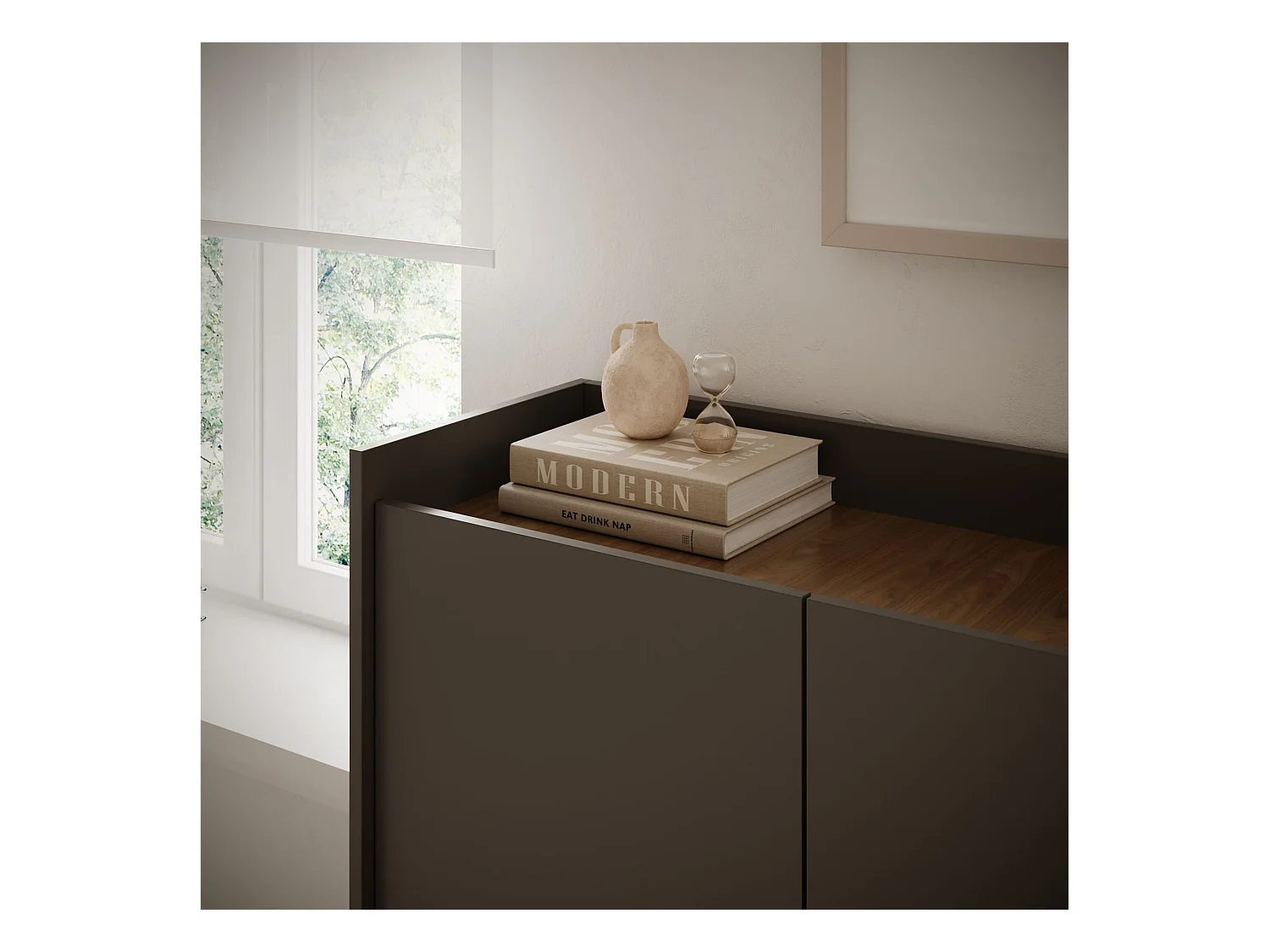 Sideboard 3-türig – 140 cm – Schwarz / Holzoptik Nussbaum – TOVI