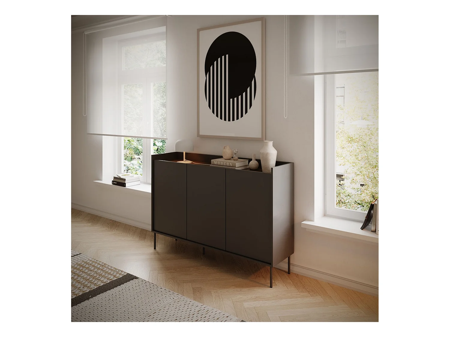 Buffet 3 portes – 140 cm – Noir/Noyer du Wisconsin – SELSEY TOVI