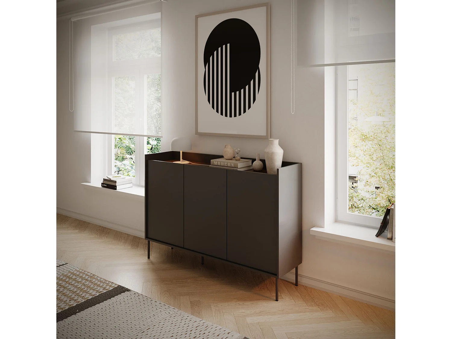 Buffet 3 portes – 140 cm – Noir/Noyer du Wisconsin – SELSEY TOVI