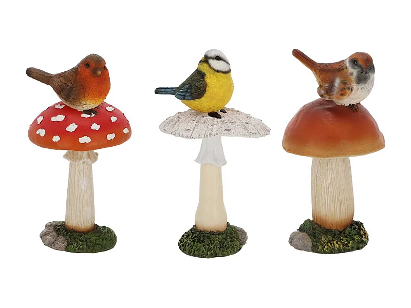 Champignons assortis avec oiseau en polyrésine (Lot de 3) Taille L