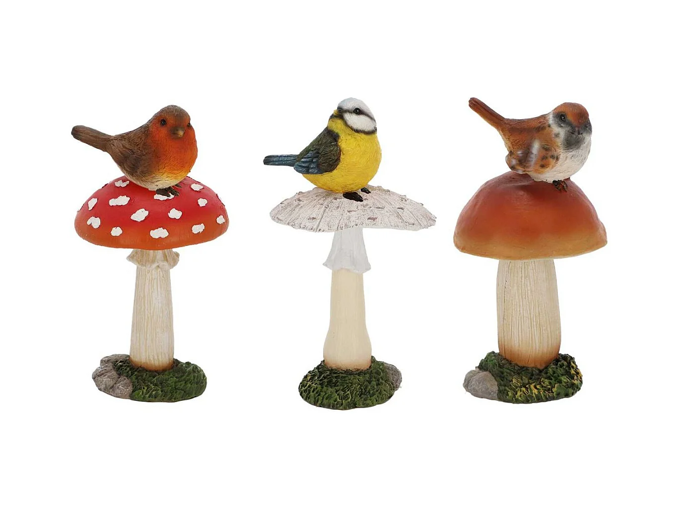 Champignons assortis avec oiseau en polyrésine (Lot de 3) Taille L