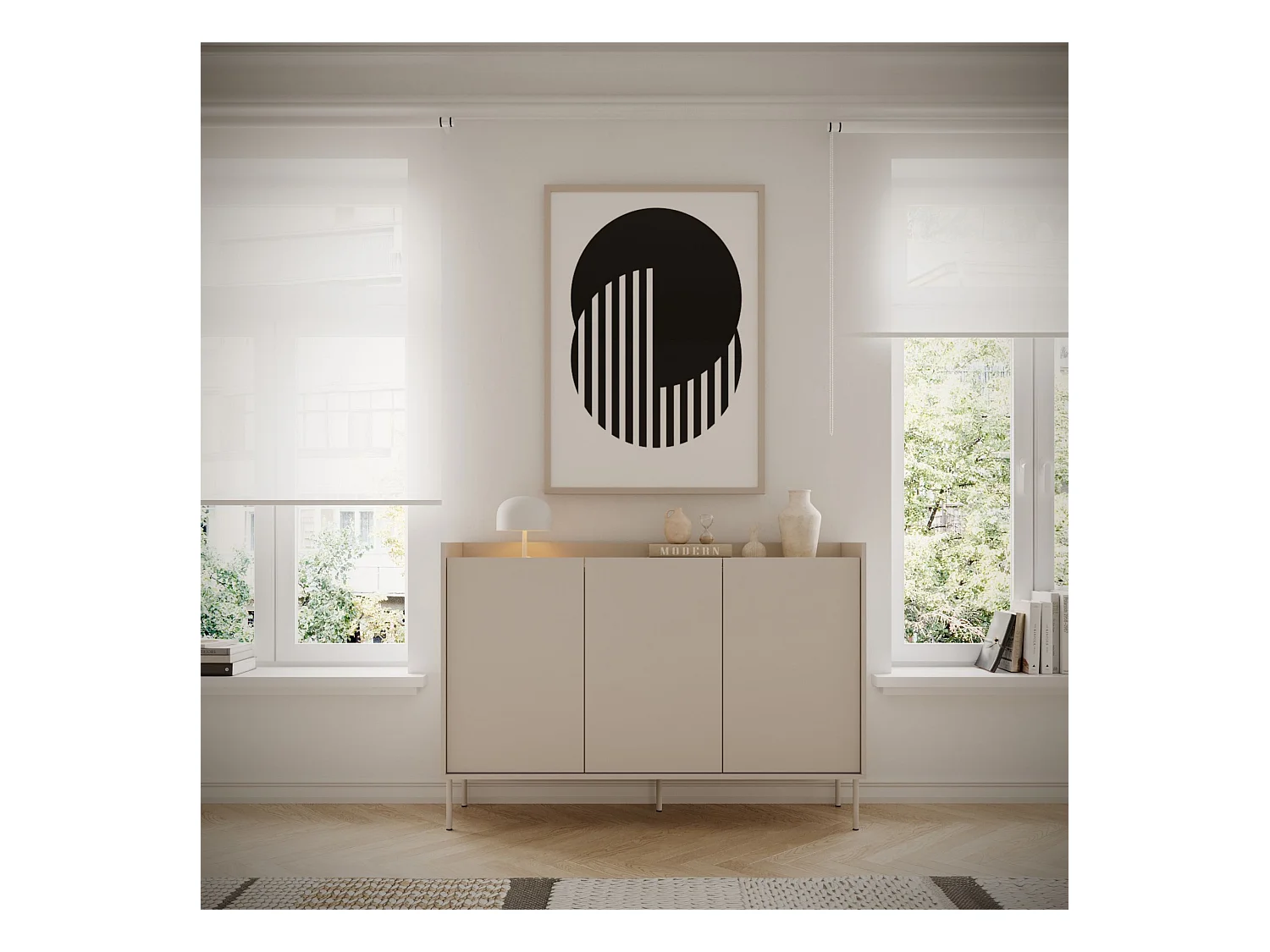 Sideboard 3-türig – 140 cm – Kaschmirgrau / Holzoptik Eiche – TOVI