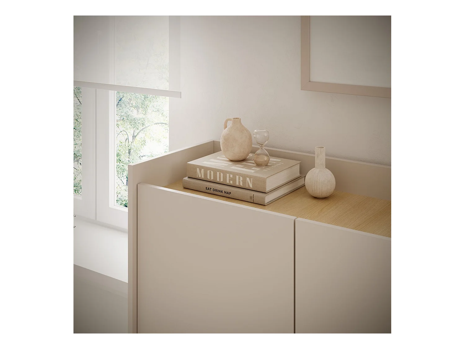 Sideboard 3-türig – 140 cm – Kaschmirgrau / Holzoptik Eiche – TOVI