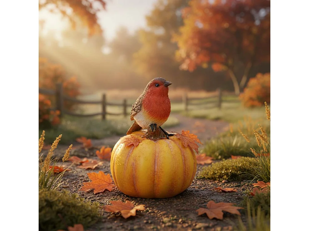 Statuette décorative en polyrésine rouge gorge sur citrouille