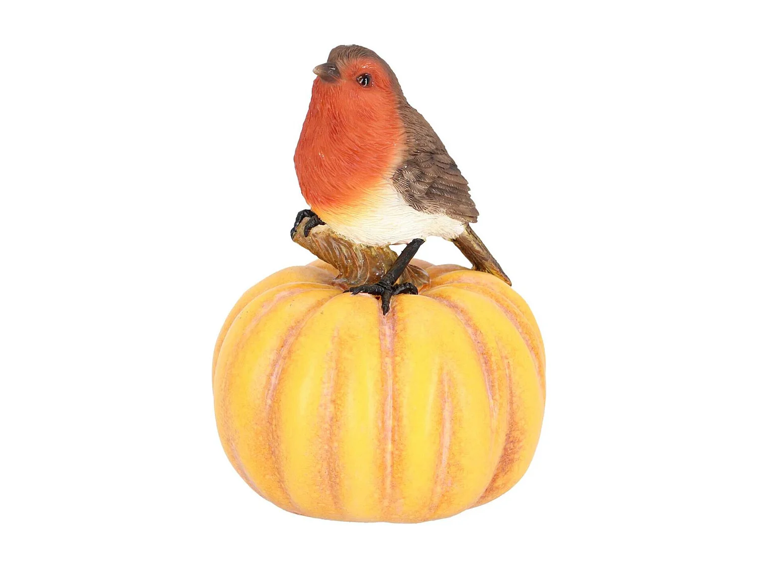 Statuette décorative en polyrésine rouge gorge sur citrouille