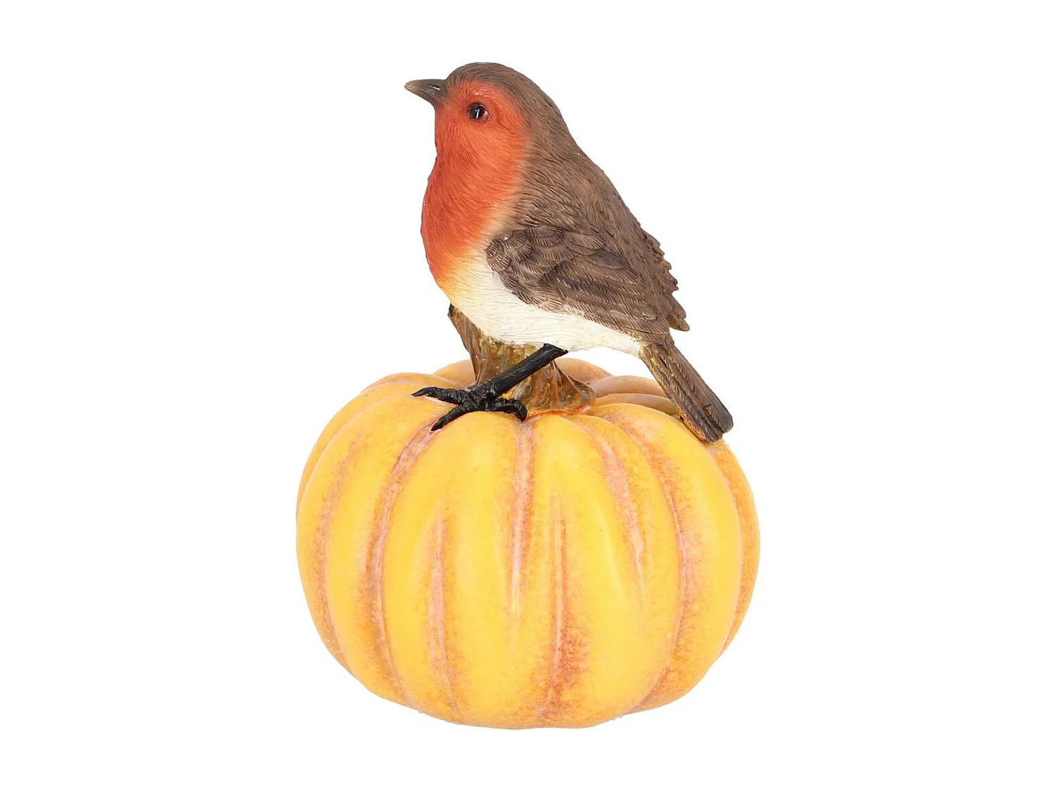 Statuette décorative en polyrésine rouge gorge sur citrouille