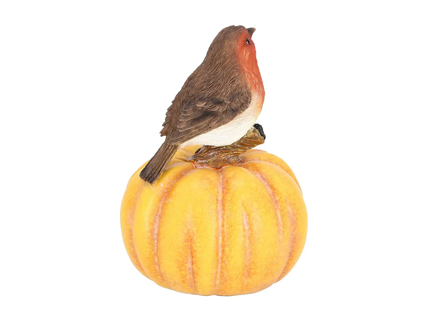 Statuette décorative en polyrésine rouge gorge sur citrouille