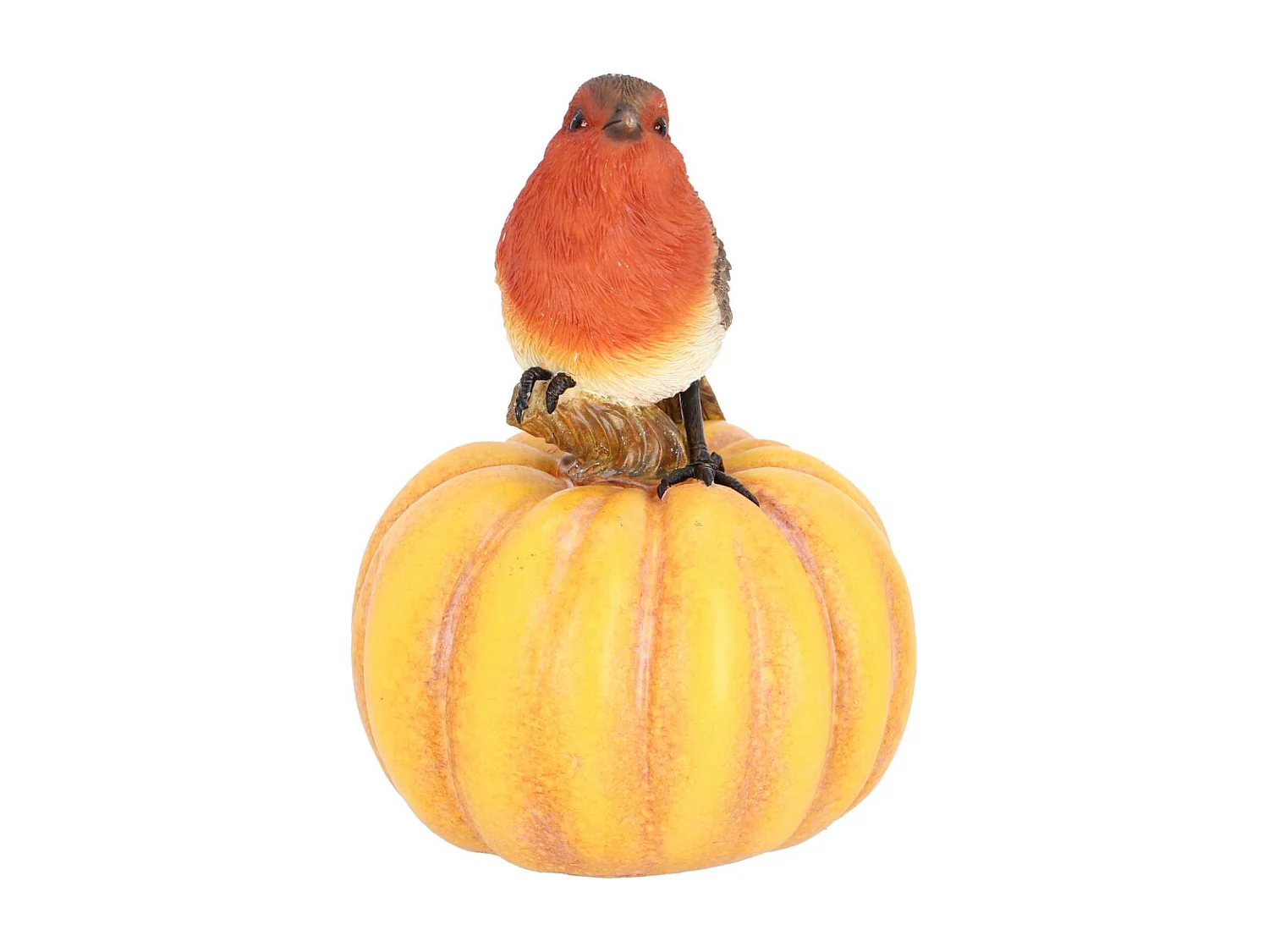 Statuette décorative en polyrésine rouge gorge sur citrouille