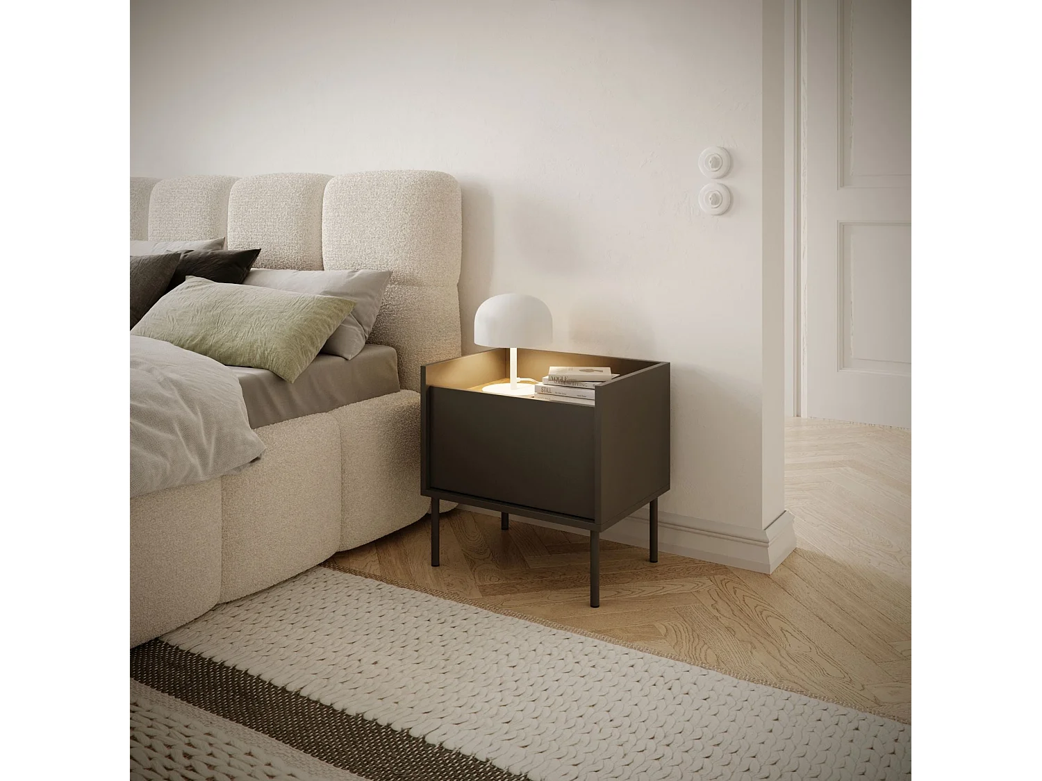 Nachttisch 1-türig – 50 cm – Schwarz / Holzoptik Nussbaum – TOVI