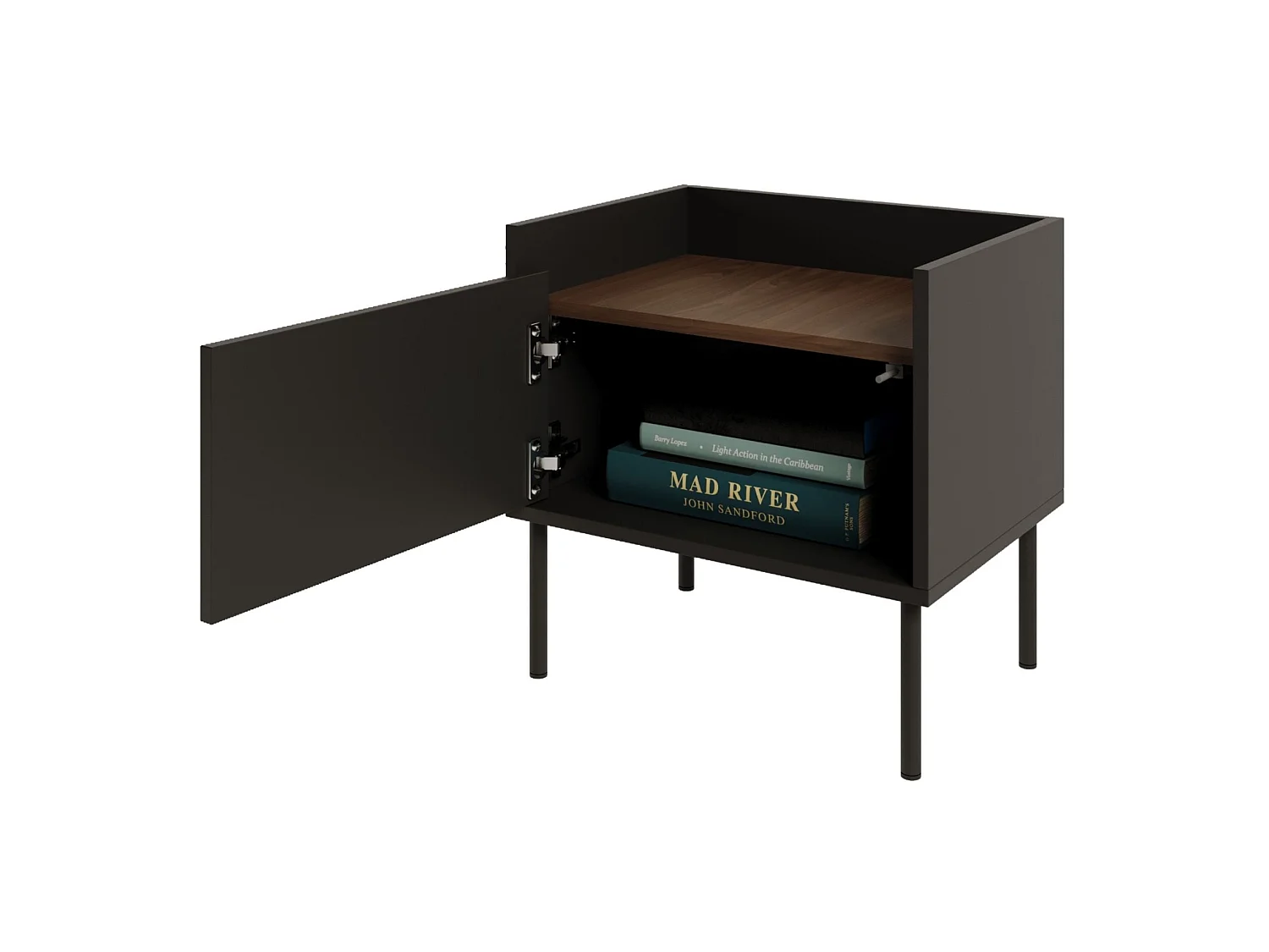 Nachttisch 1-türig – 50 cm – Schwarz / Holzoptik Nussbaum – TOVI