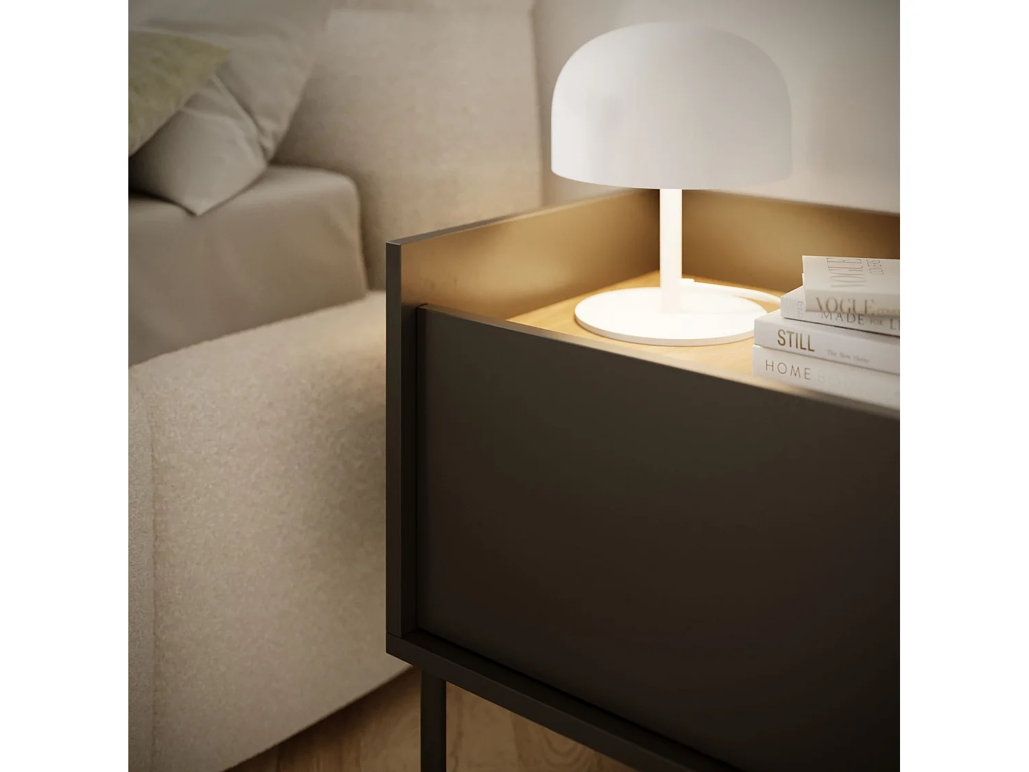 Nachttisch 1-türig – 50 cm – Schwarz / Holzoptik Nussbaum – TOVI