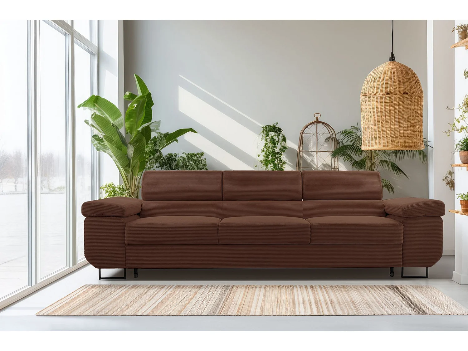 Schlafsofa mit verstellbaren Kopfstützen und Stauraum – Cord – Rostbraun – CAPURSO