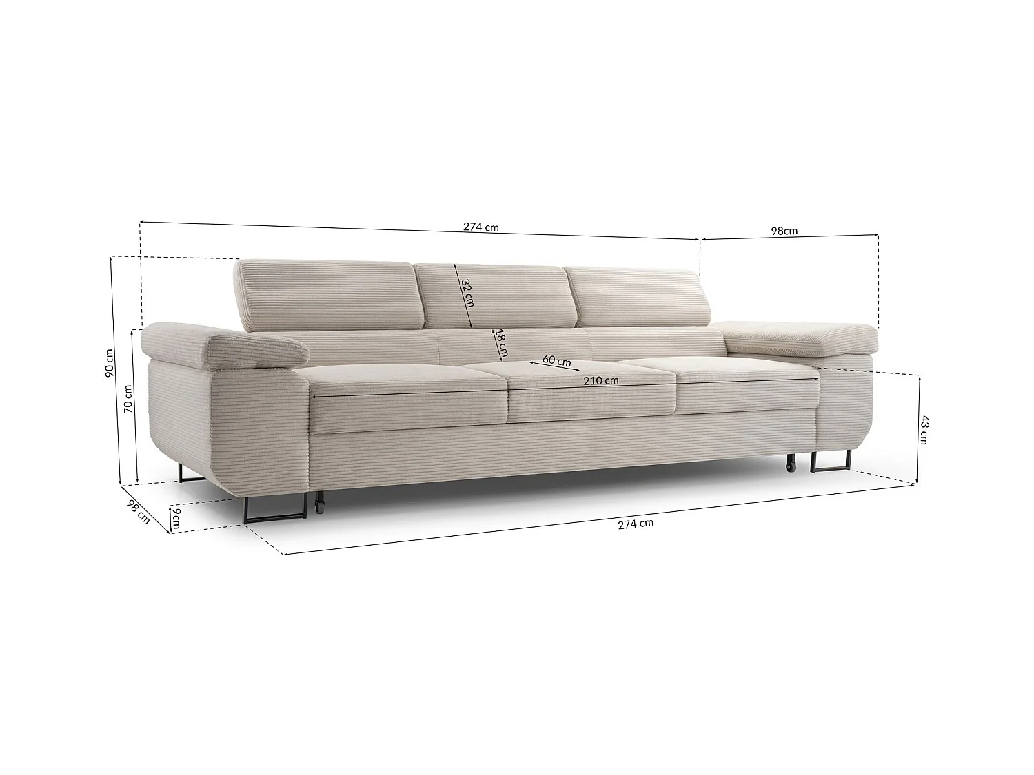 Schlafsofa mit verstellbaren Kopfstützen und Stauraum – Cord – Rostbraun – CAPURSO