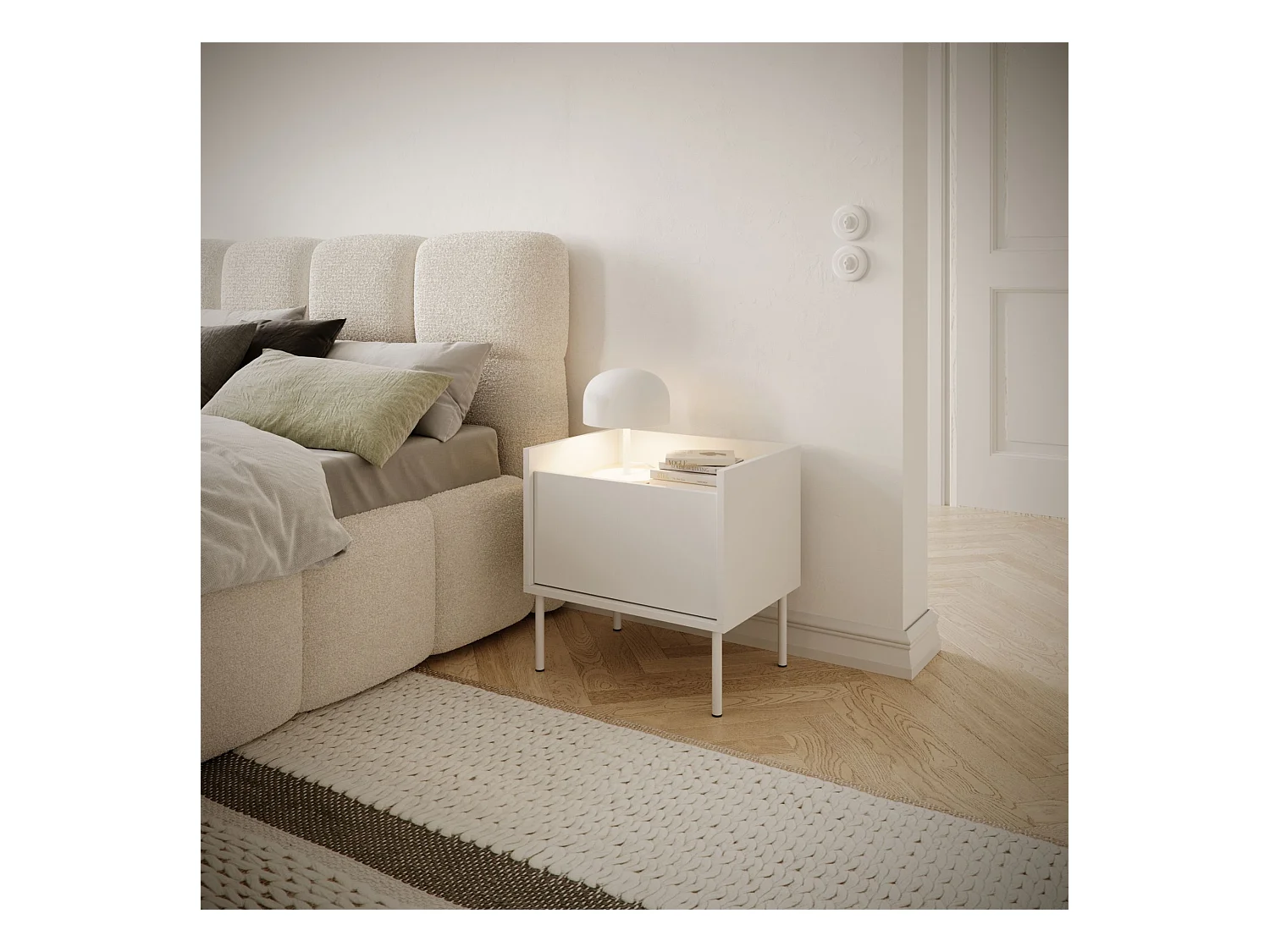 Comodino a 1 anta – 50 cm – Bianco / Effetto Rovere – TOVI
