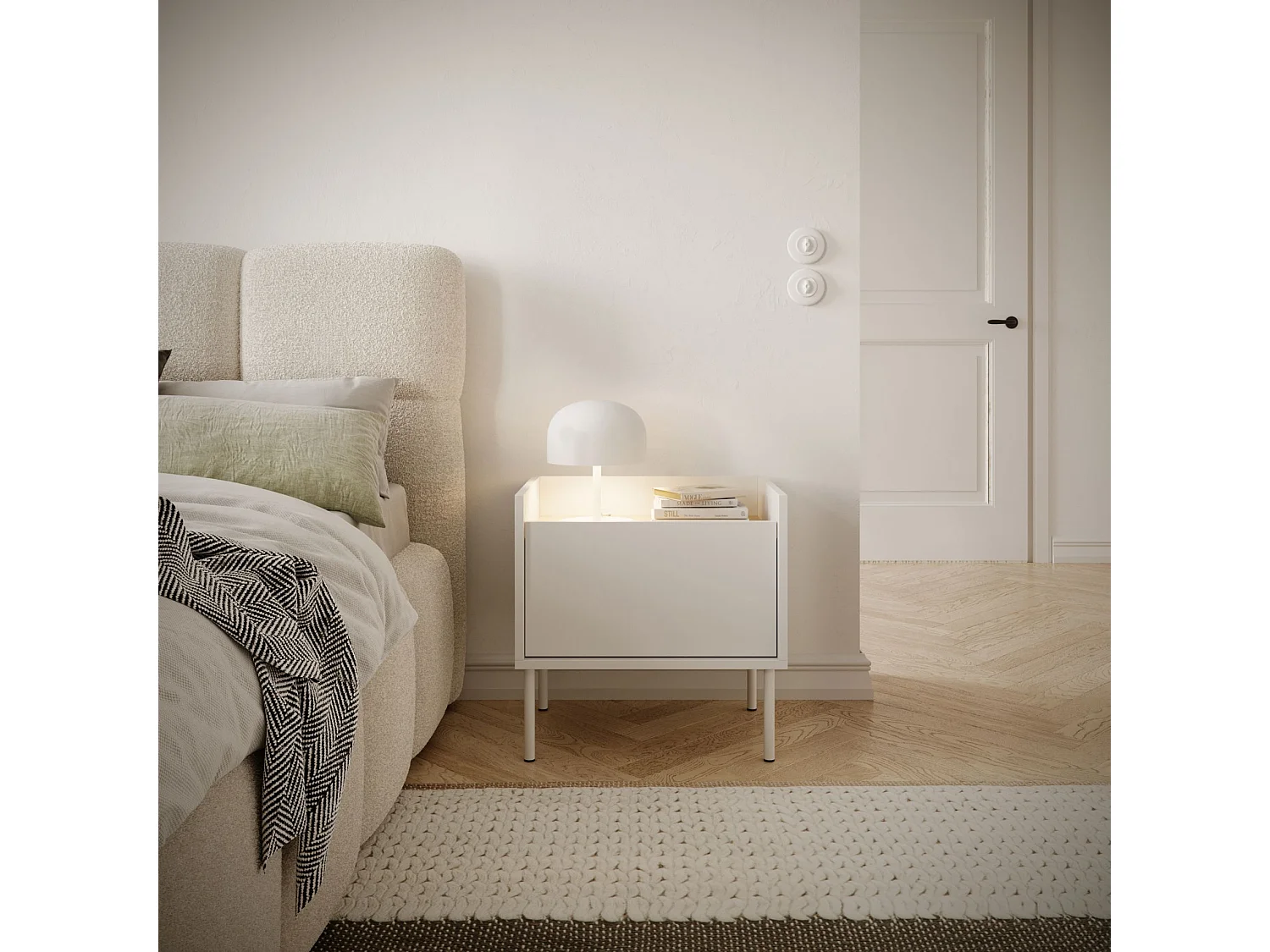 Table de chevet 1 portes – blanc/ chêne linberg– 50 cm – TOVI