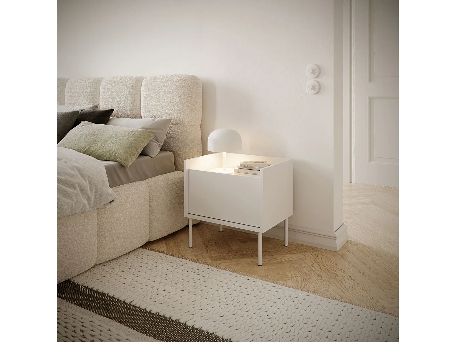 Table de chevet 1 portes – blanc/ chêne linberg– 50 cm – TOVI