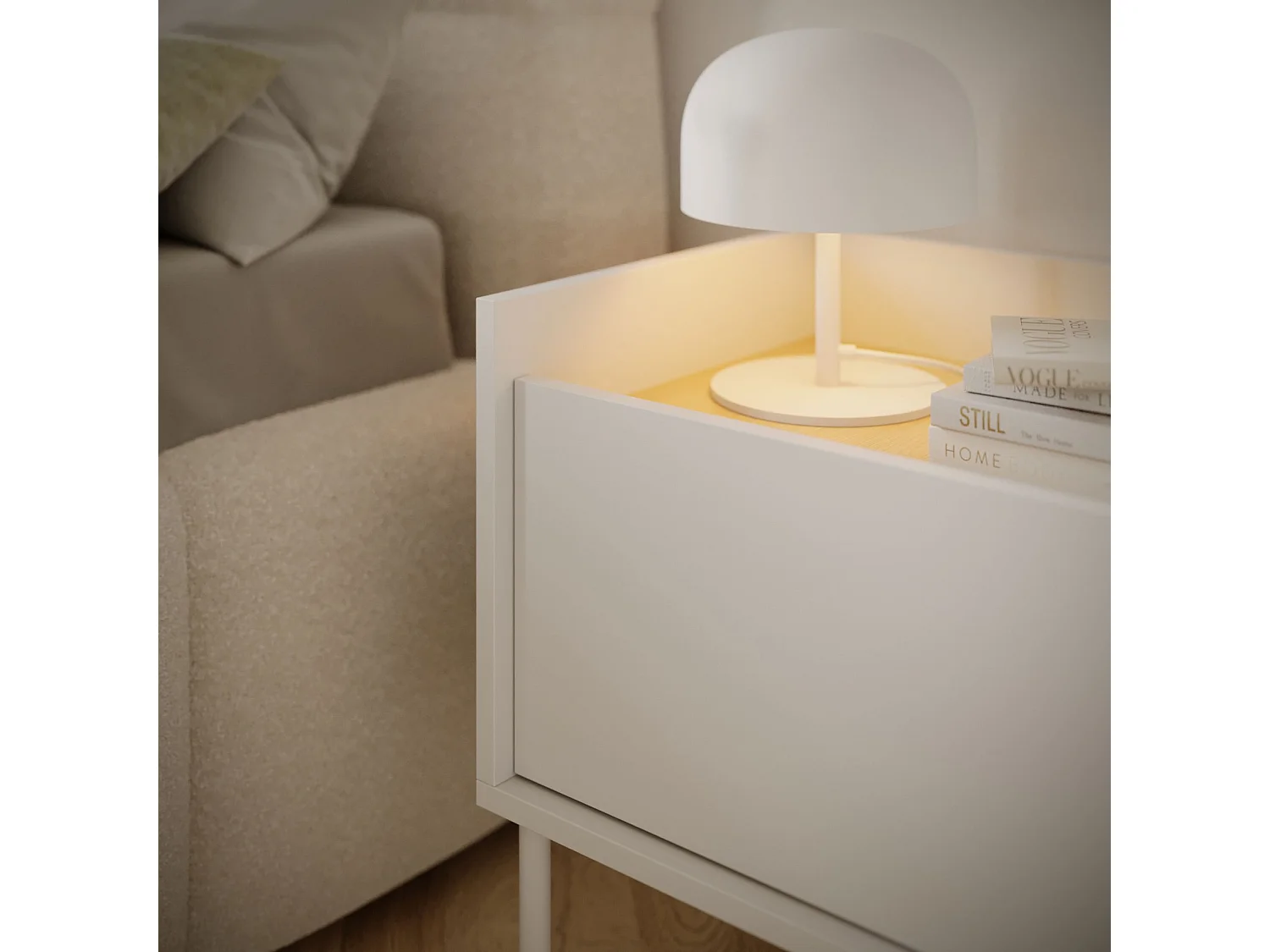 Table de chevet 1 portes – blanc/ chêne linberg– 50 cm – TOVI