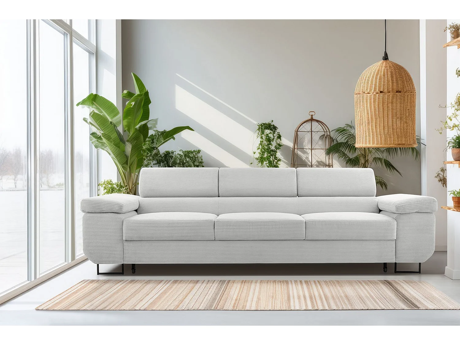 Schlafsofa mit verstellbaren Kopfstützen und Stauraum – Cord – Hellbeige – CAPURSO