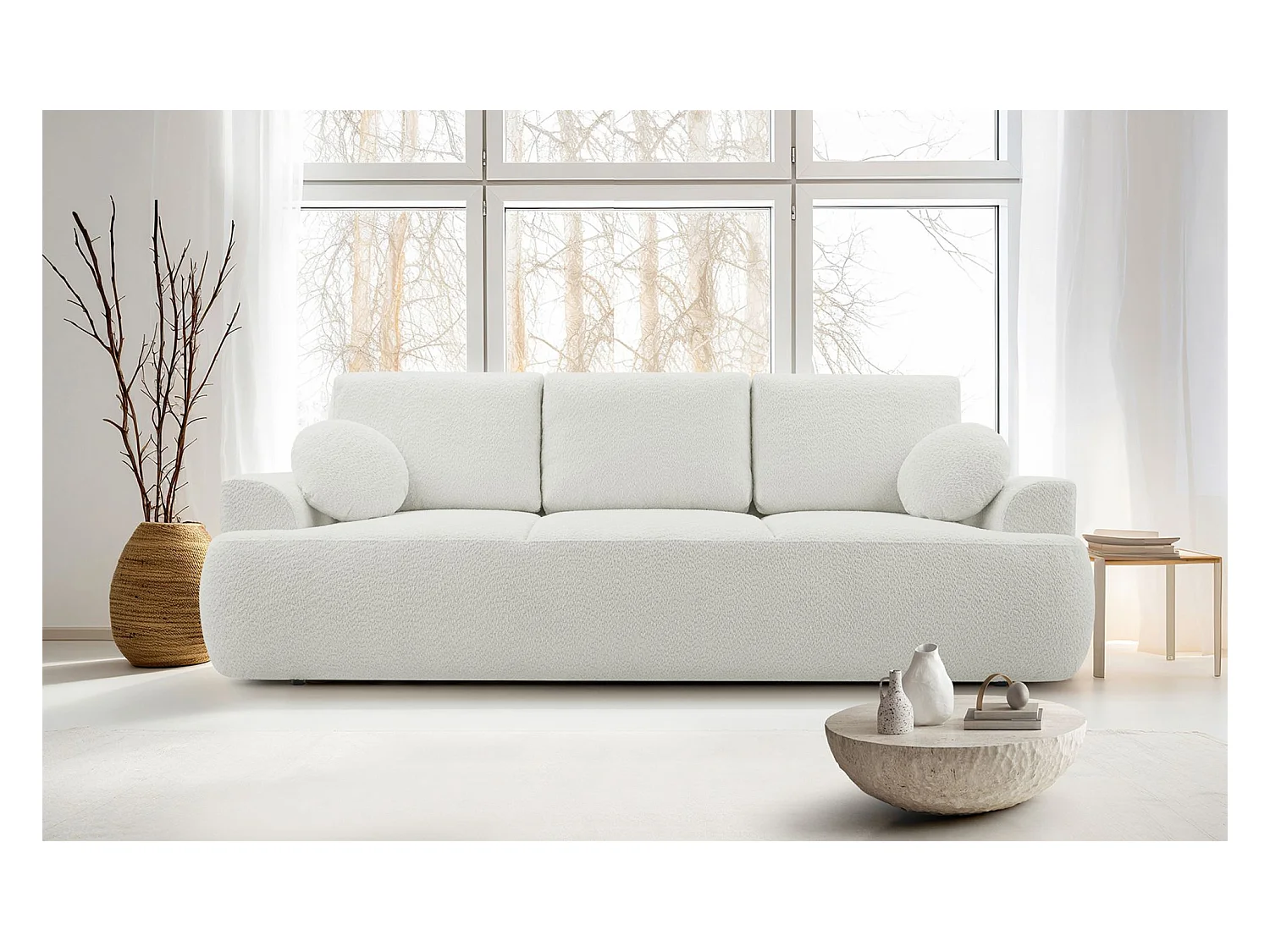 3-Sitzer-Sofa mit Schlaffunktion und Stauraum – Bouclé – Hellbeige – BARLETTO