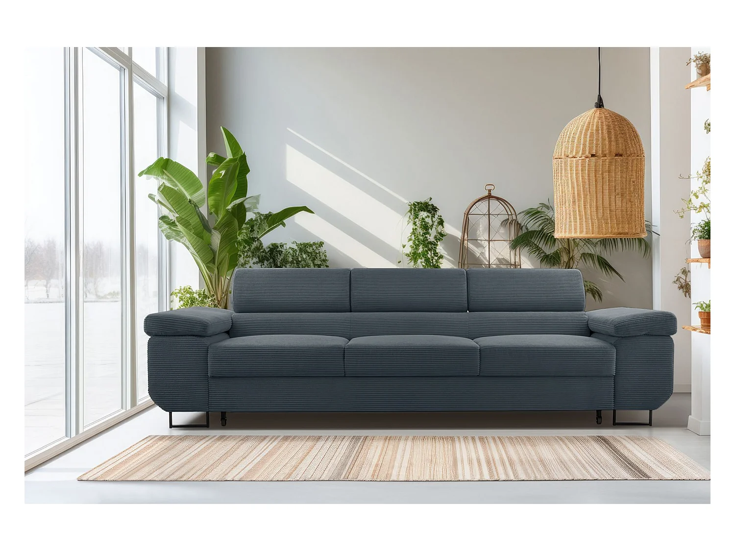 Canapé convertible 3 places – velours côtelé– bleu-gris – CAPURSO
