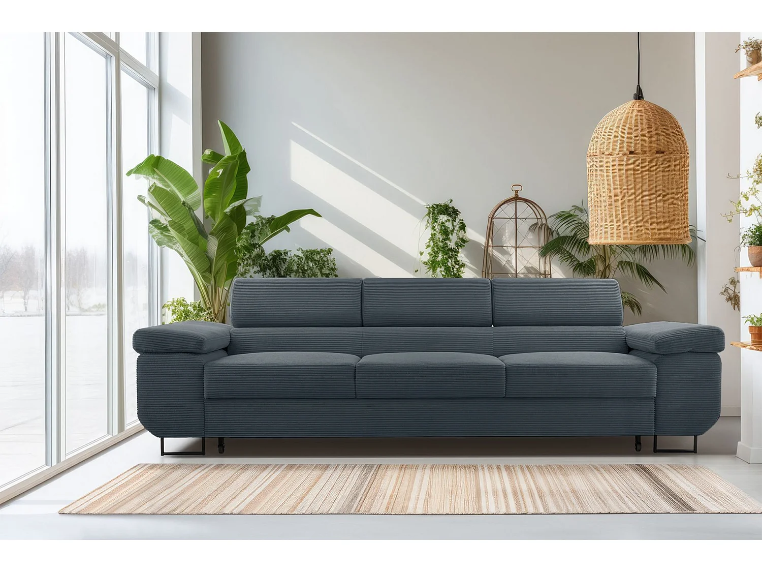 Schlafsofa mit verstellbaren Kopfstützen und Stauraum – Cord – Blaugrau – CAPURSO