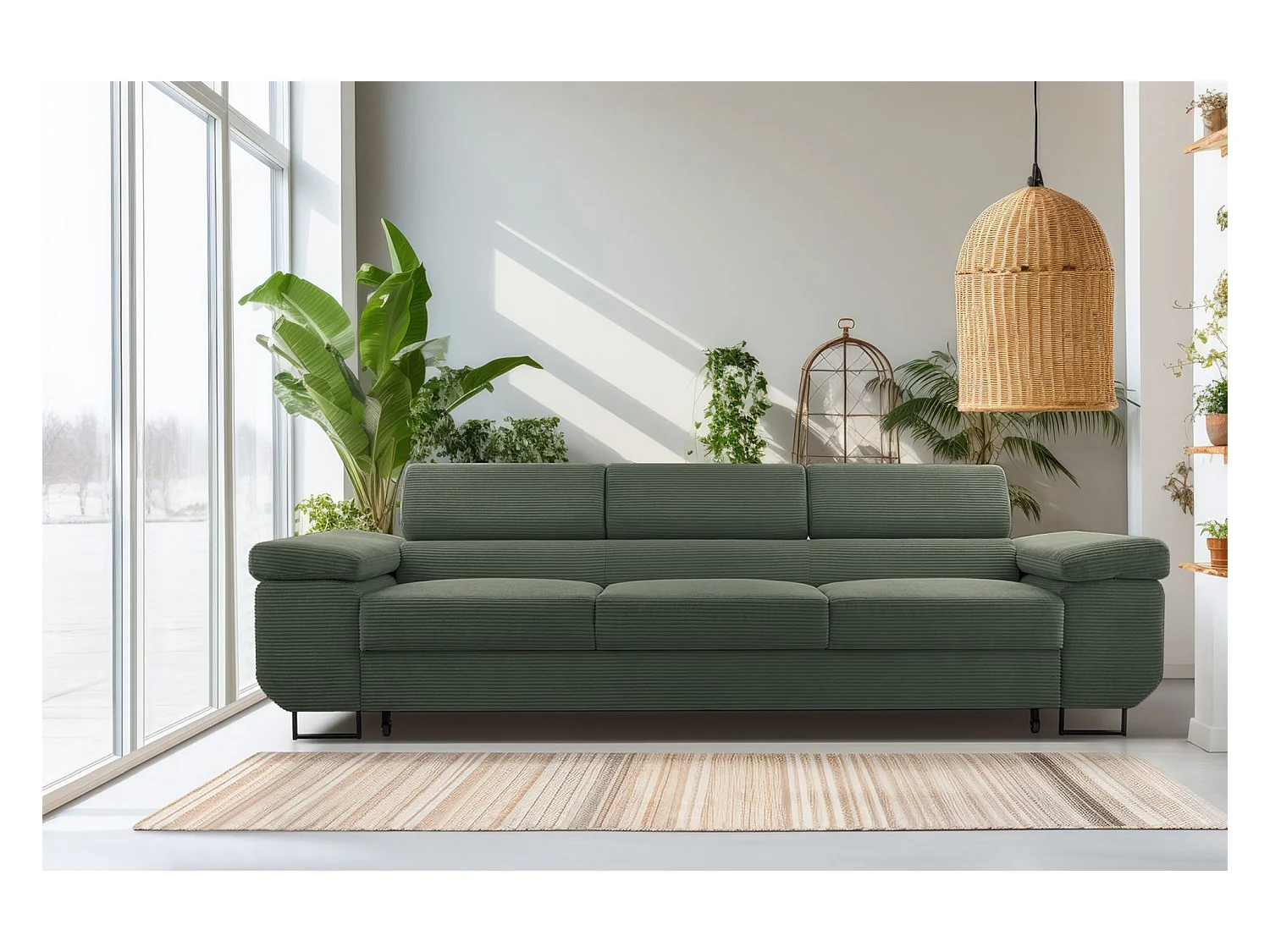 Canapé convertible 3 places – velours côtelé– vert olive – CAPURSO