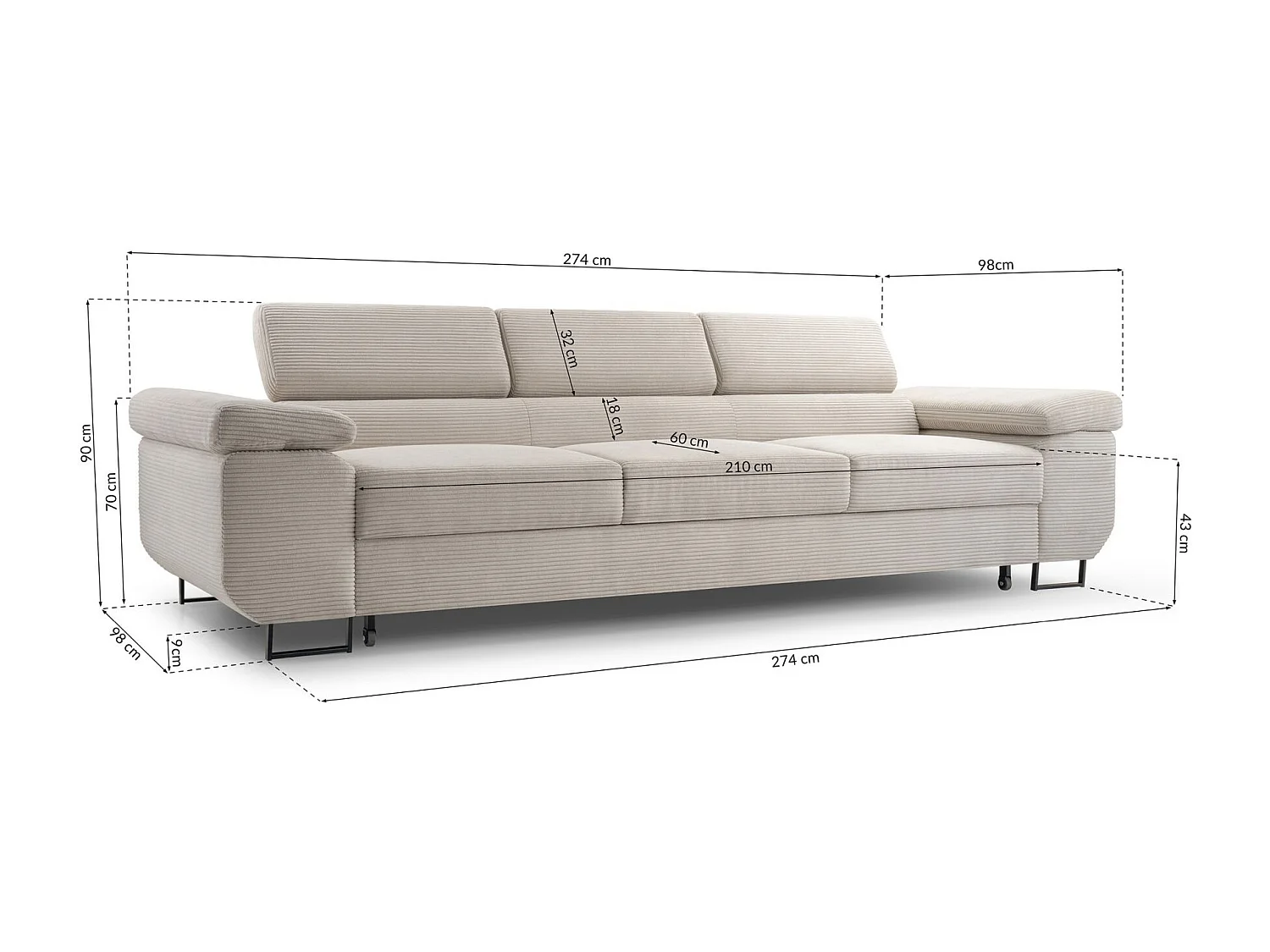 Schlafsofa mit verstellbaren Kopfstützen und Stauraum – Cord – Olivgrün – CAPURSO
