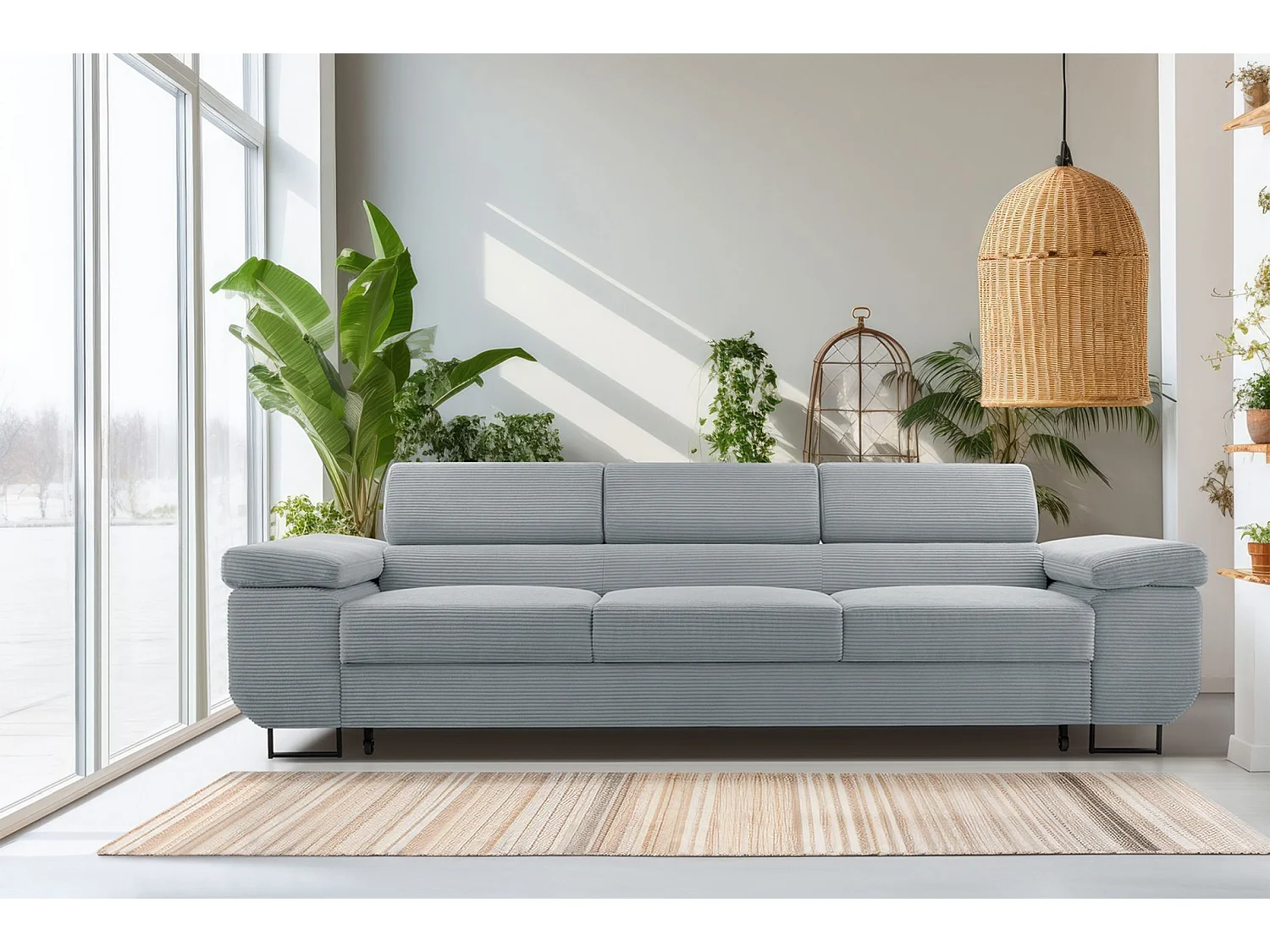 Slaapbank met verstelbare hoofdsteunen en opbergruimte – corduroy – lichtgrijs – CAPURSO