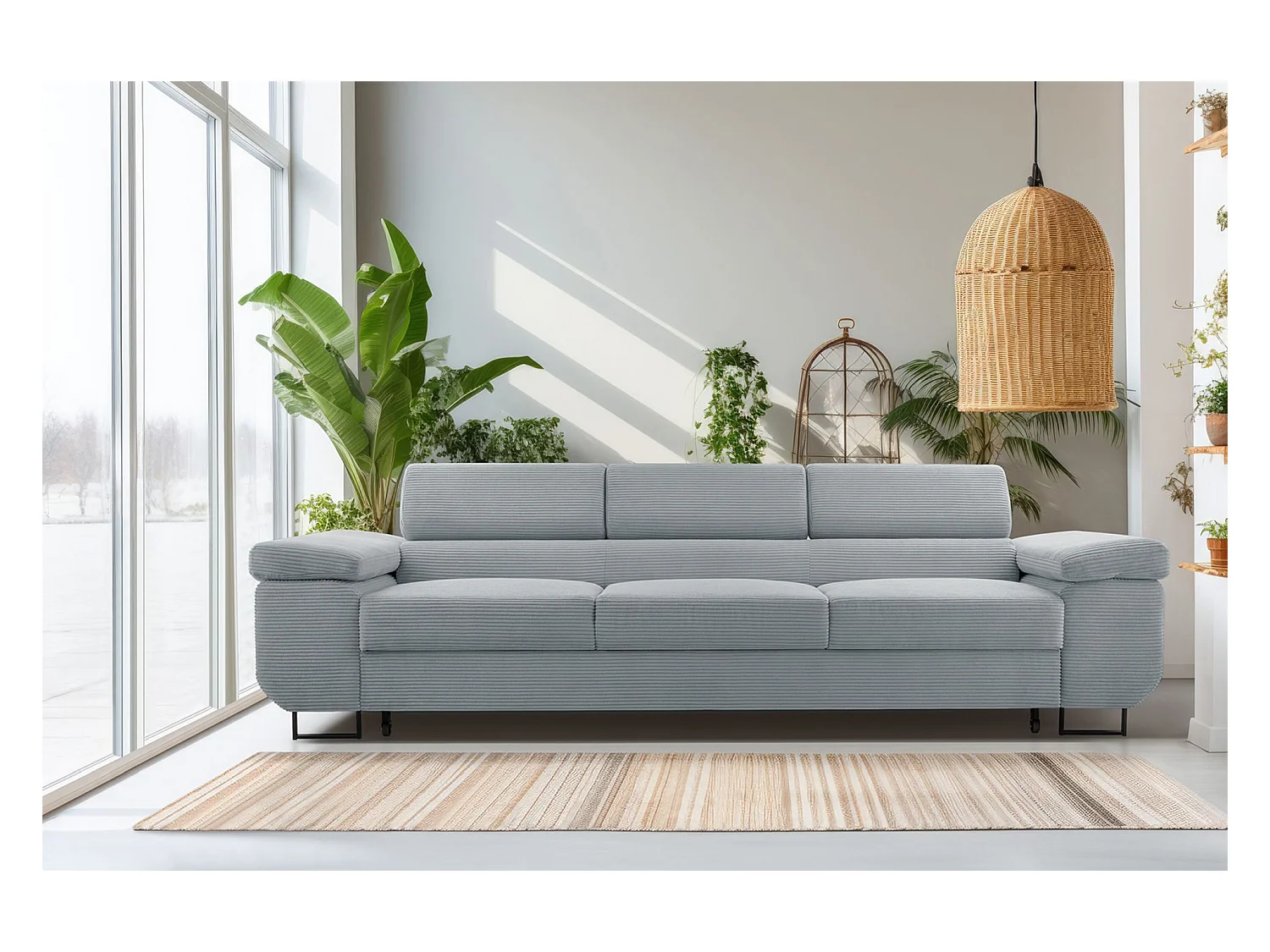 Canapé convertible 3 places – velours côtelé– gris clair – CAPURSO
