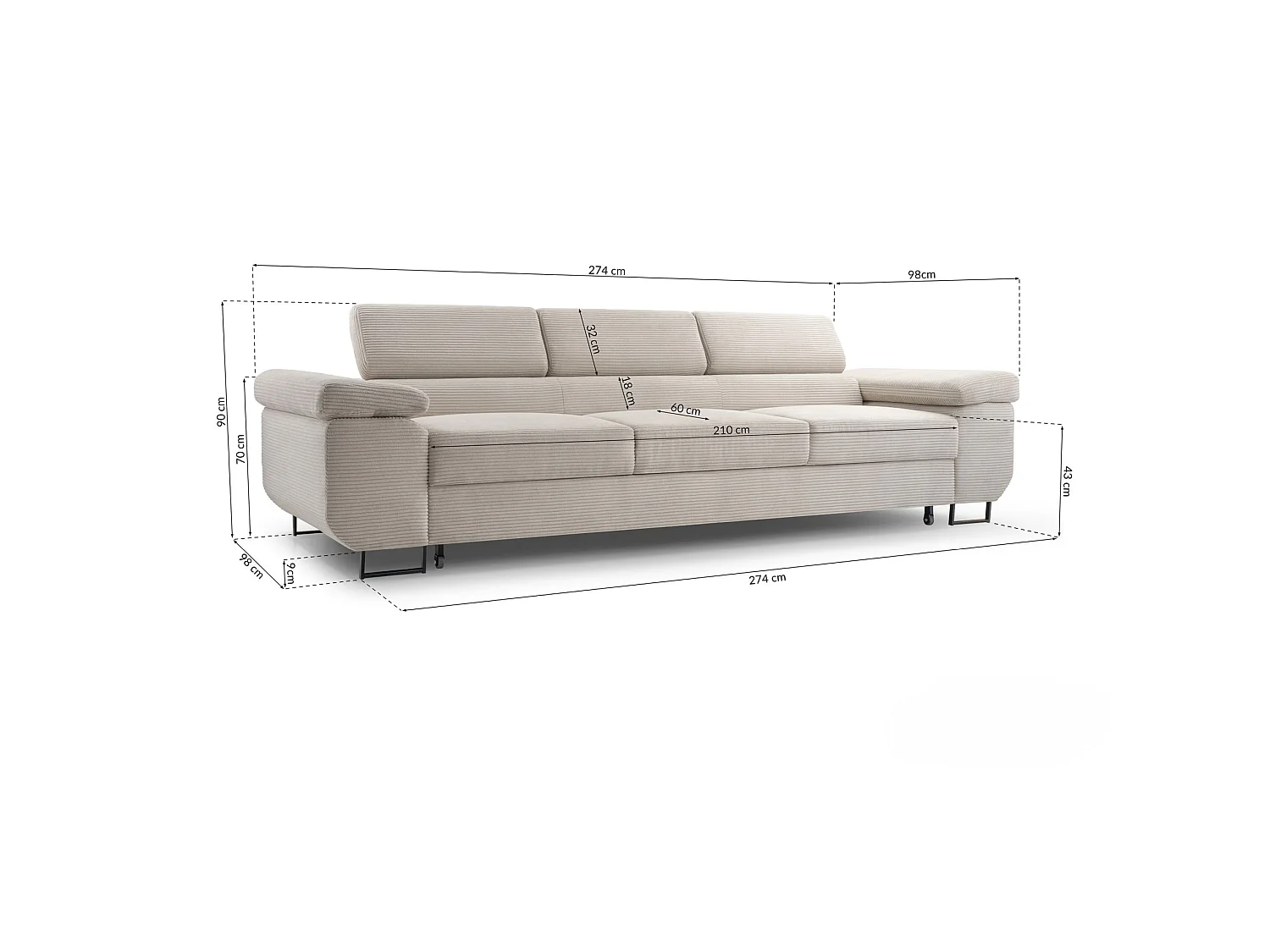 Canapé convertible 3 places – velours côtelé– gris clair – CAPURSO