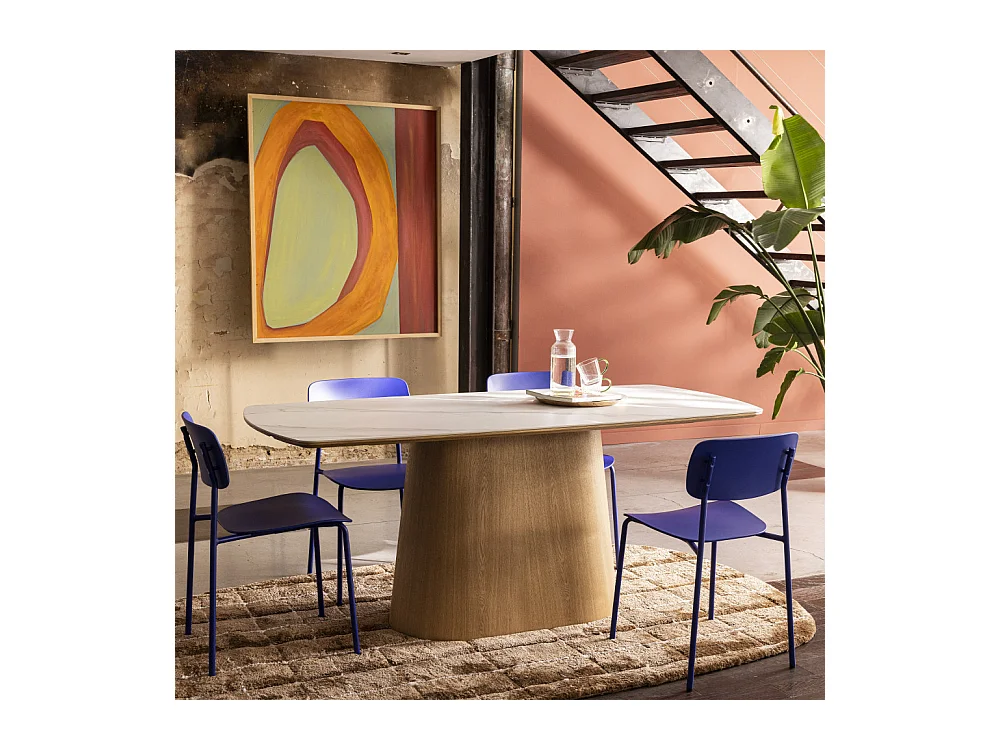 Reno - Table à manger 8 personnes effet marbre et bois - Bois clair