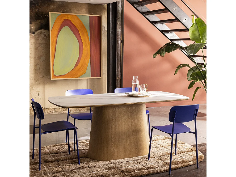 Reno - Table à manger 8 personnes effet marbre et bois - Bois clair