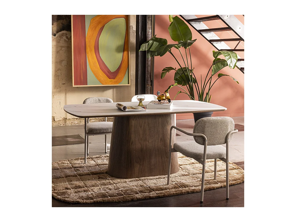 Reno - Table à manger 8 personnes effet marbre et bois - Bois foncé