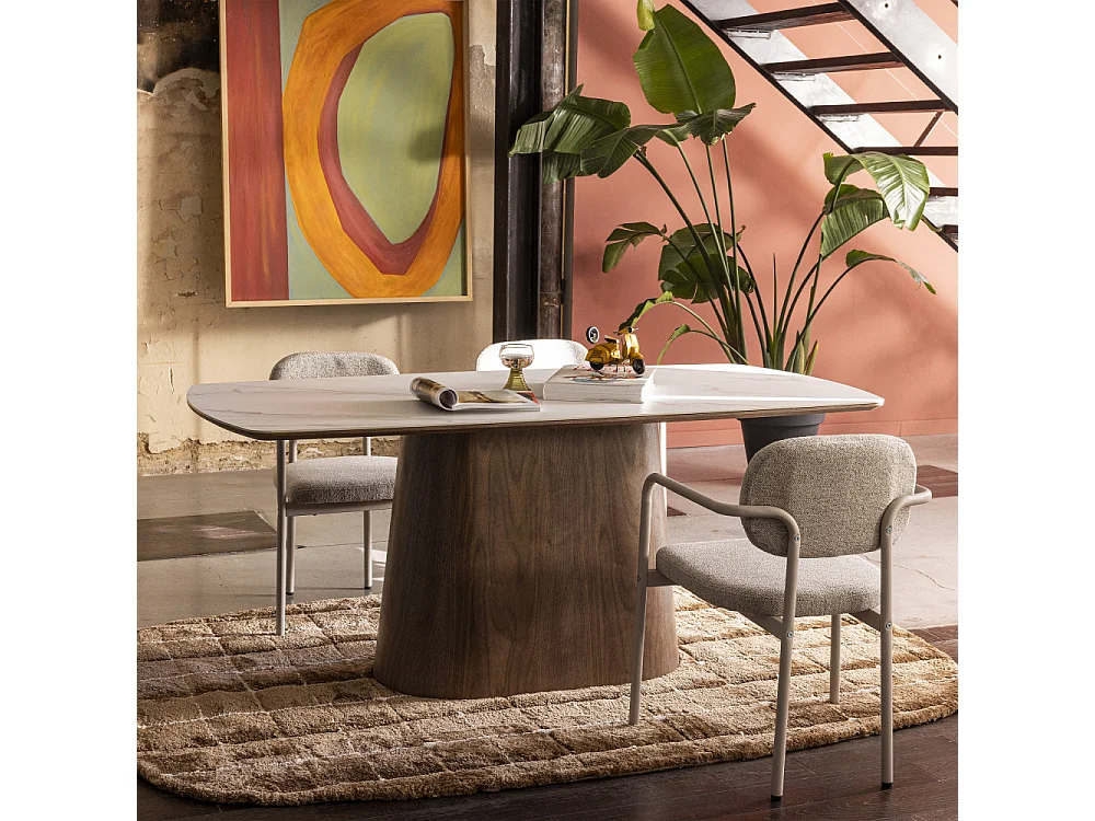 Reno - Table à manger 8 personnes effet marbre et bois - Bois foncé