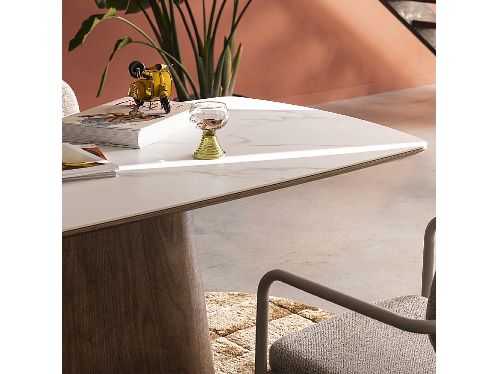 Reno - Table à manger 8 personnes effet marbre et bois - Bois foncé