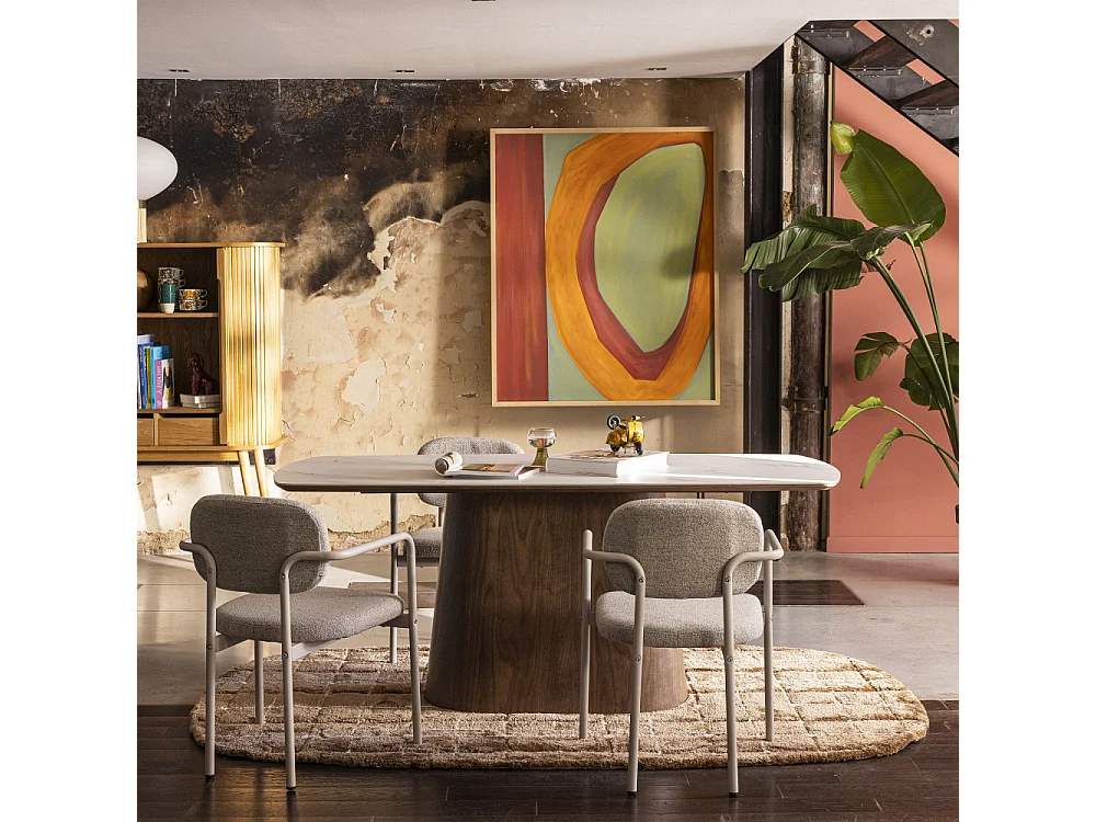 Reno - Table à manger 8 personnes effet marbre et bois - Bois foncé