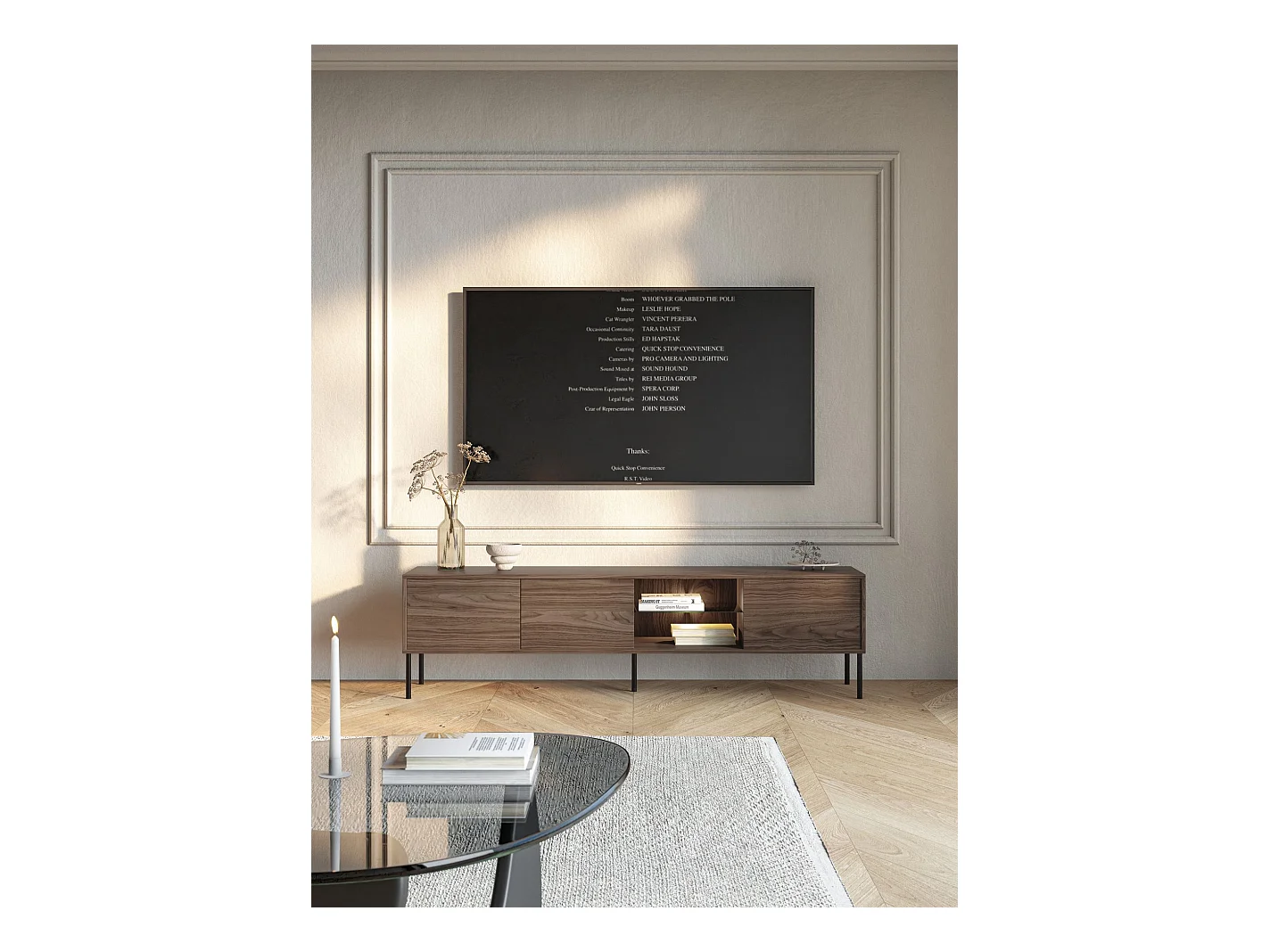 TV-Schrank 3-türig mit Glasregal und LED – 175 cm – Holzoptik Nussbaum – MODITY