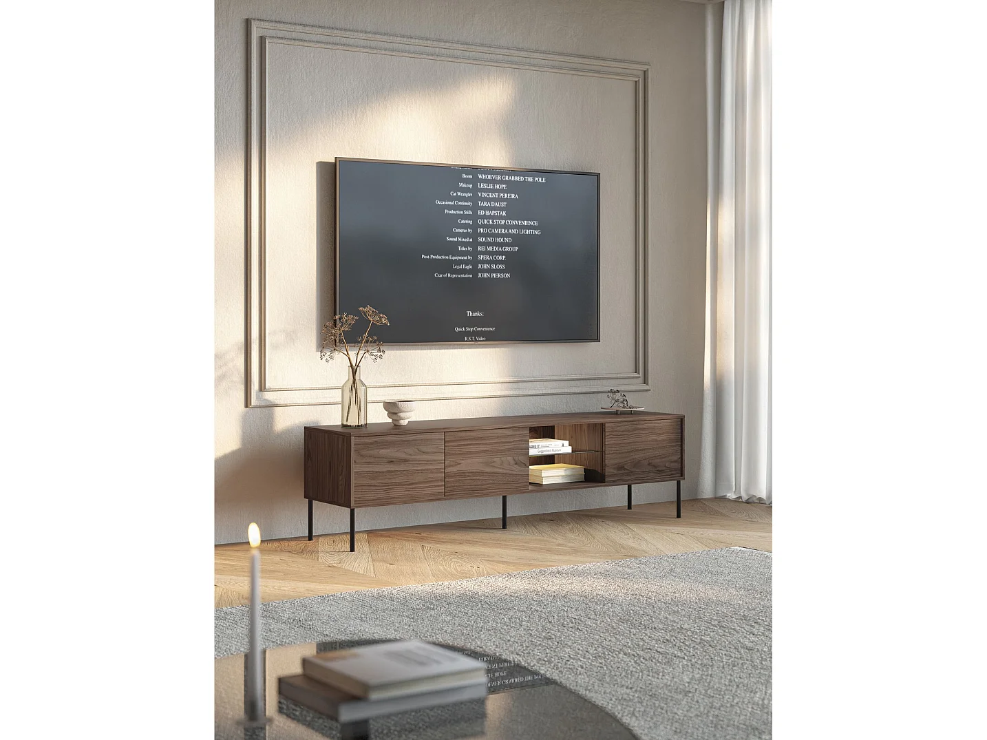 Meuble TV 3 portes avec LED – couleur noyer – 175 cm – MODITY