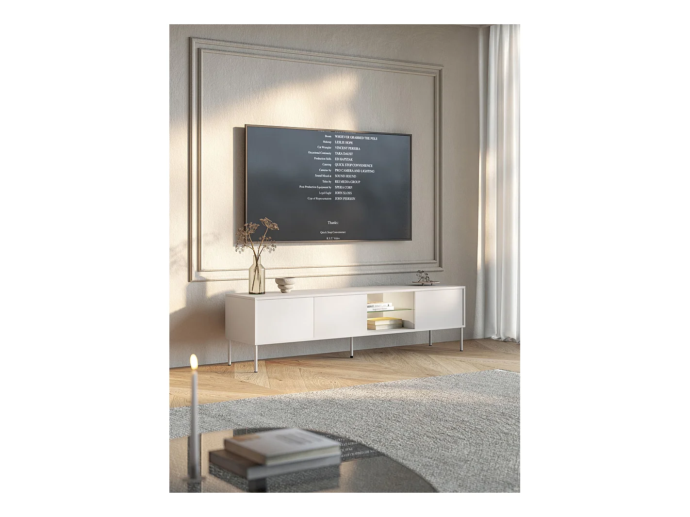 Meuble TV 3 portes avec LED – blanc – 175 cm – MODITY