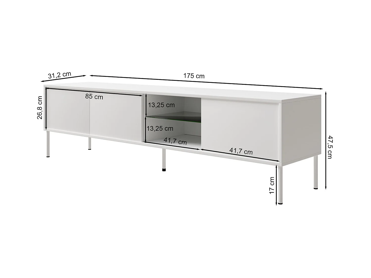 Meuble TV 3 portes avec LED – blanc – 175 cm – MODITY