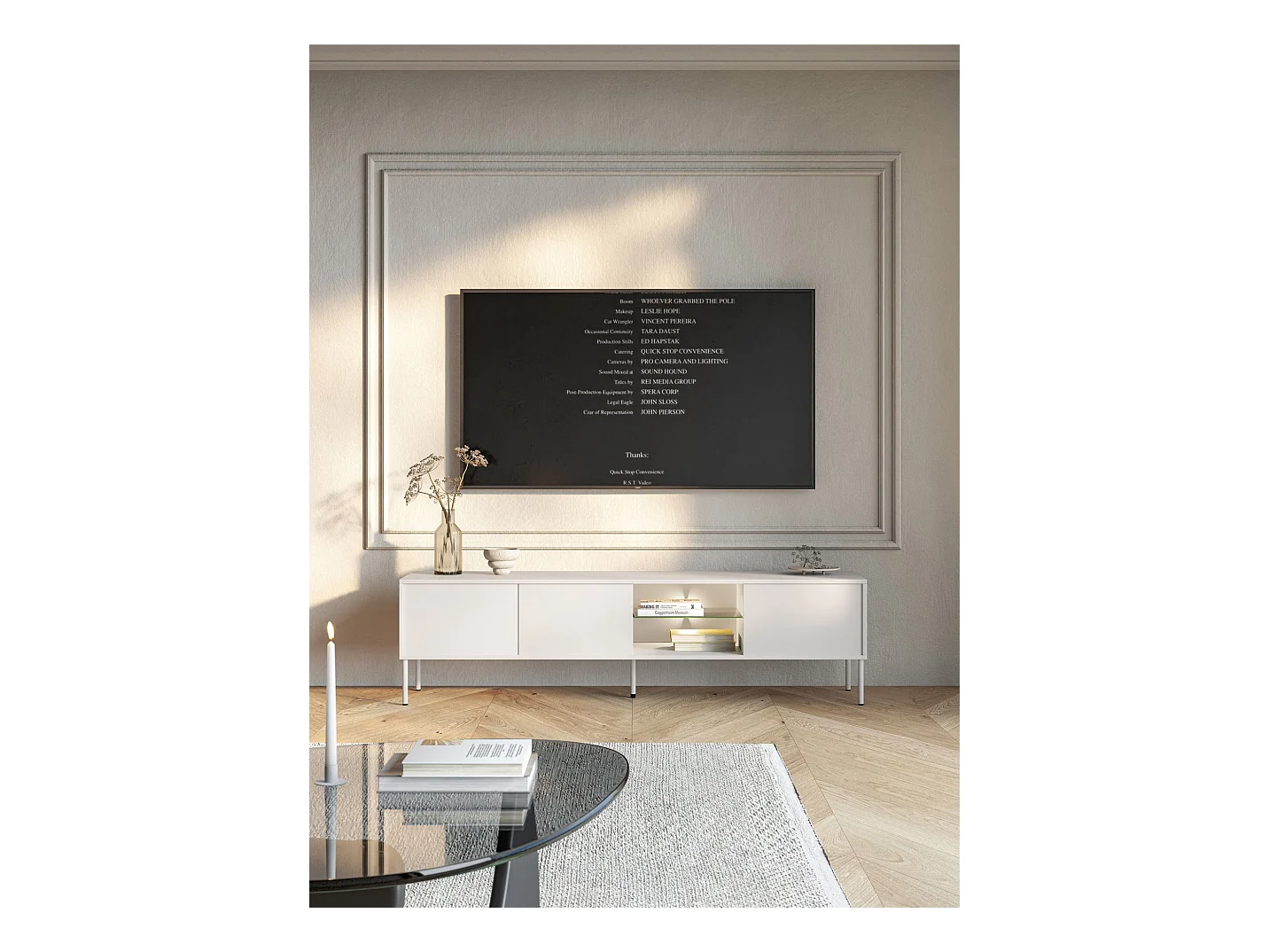 TV-Schrank 3-türig mit Glasregal und LED – 175 cm – Weiß – MODITY