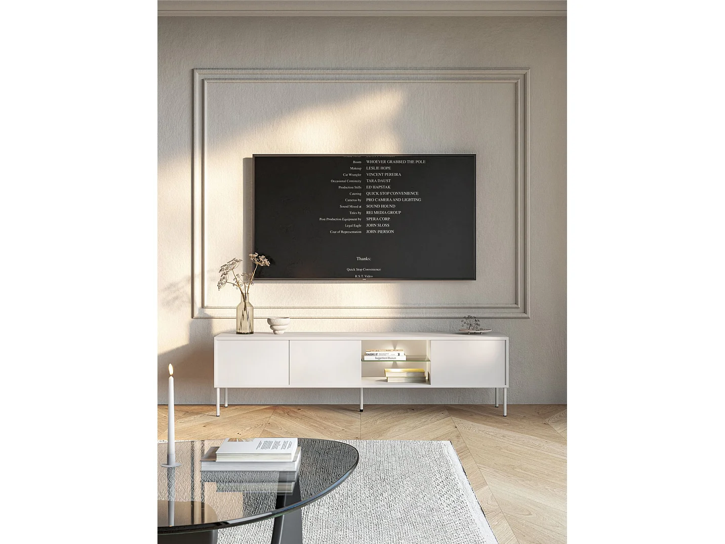 Meuble TV 3 portes avec LED – blanc – 175 cm – MODITY
