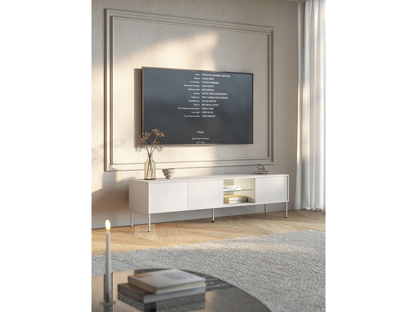 Meuble TV 3 portes avec LED – blanc – 175 cm – MODITY
