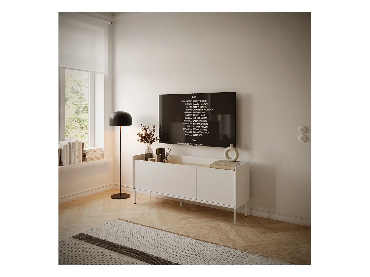 TV-Schrank 3-türig – 140 cm – Weiß / Holzoptik Eiche – TOVI