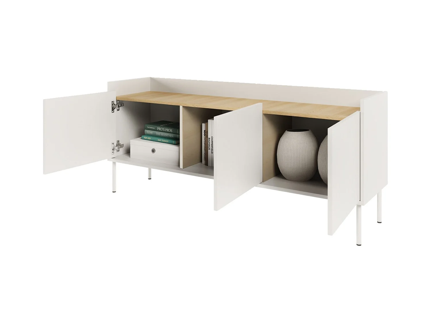 TV-Schrank 3-türig – 140 cm – Weiß / Holzoptik Eiche – TOVI