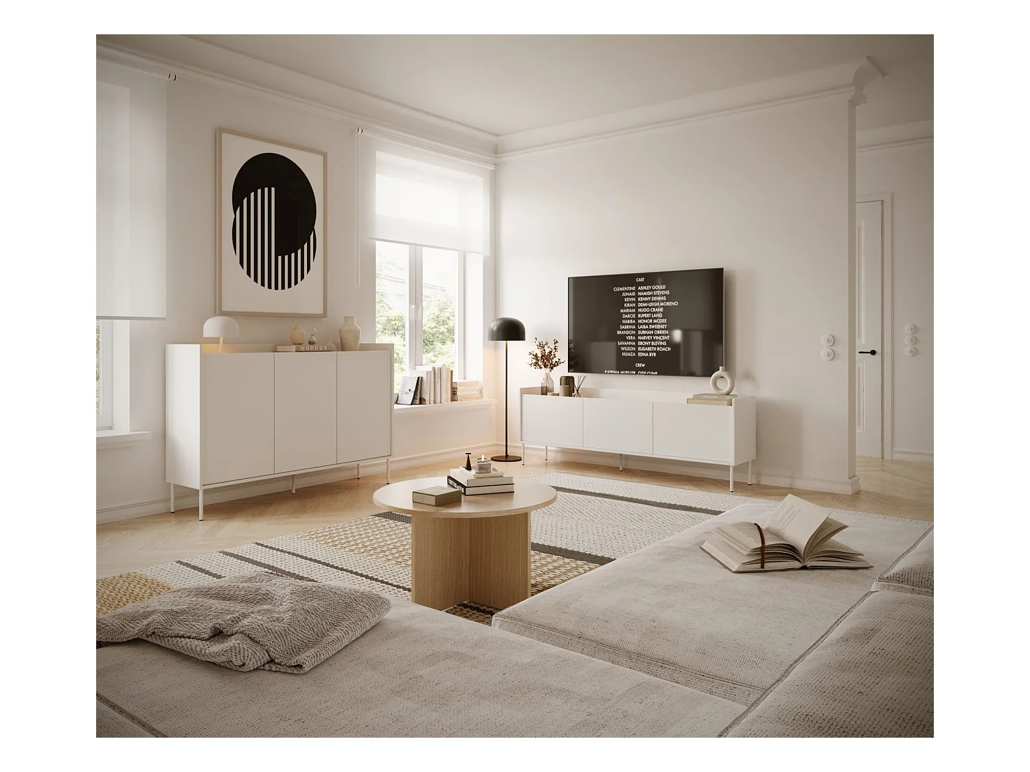 TV-Schrank 3-türig – 140 cm – Weiß / Holzoptik Eiche – TOVI