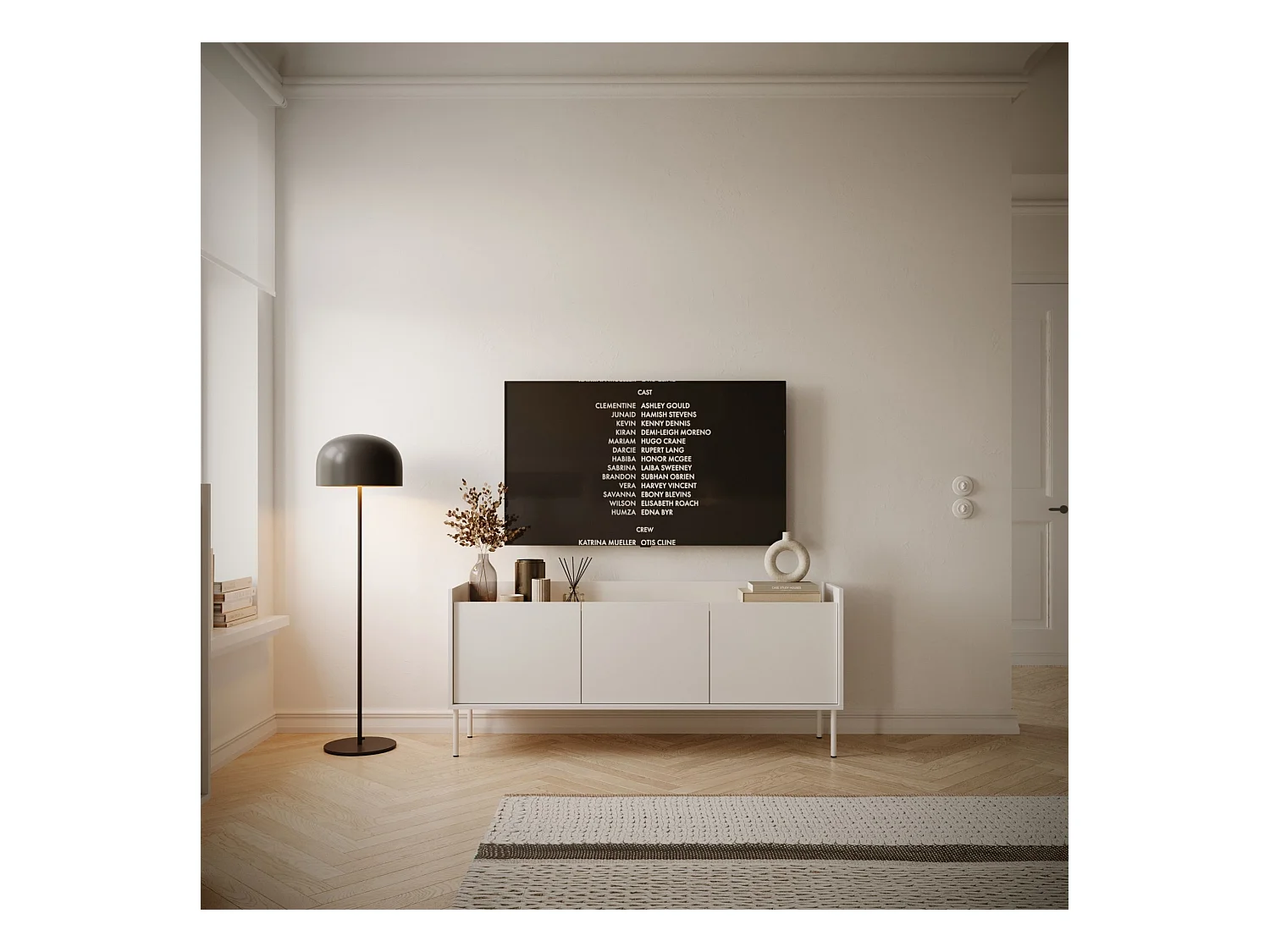 Meuble TV 3 portes – blanc / couleur chêne linberg– 140 cm – TOVI