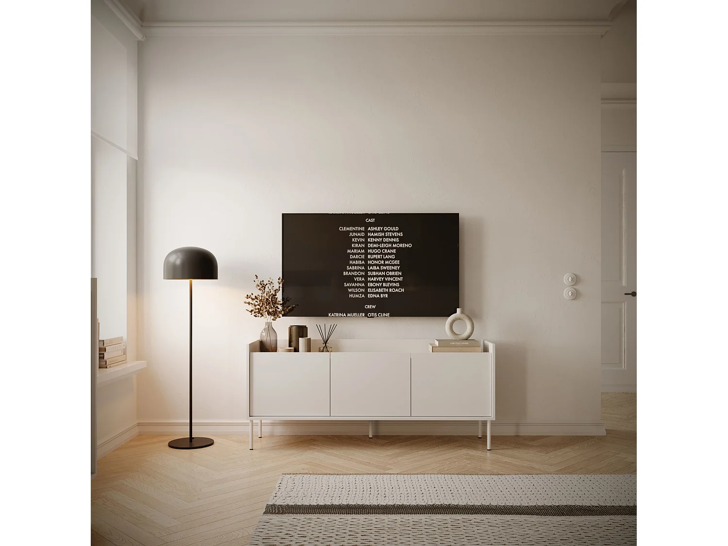 TV-Schrank 3-türig – 140 cm – Weiß / Holzoptik Eiche – TOVI