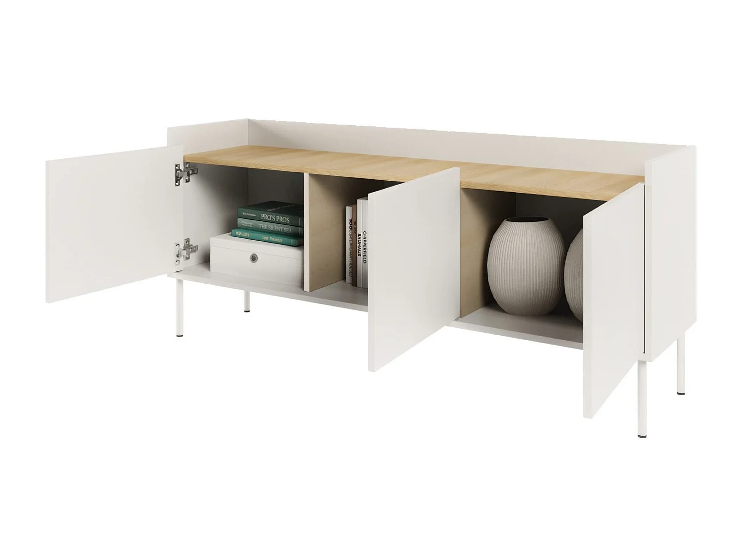 TV-Schrank 3-türig – 140 cm – Weiß / Holzoptik Eiche – TOVI
