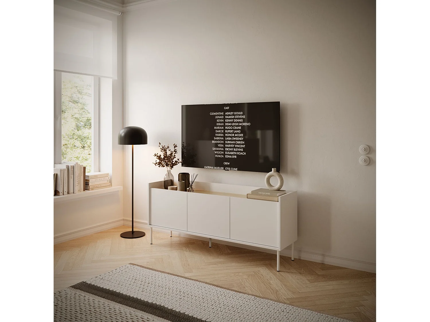 Meuble TV 3 portes – blanc / couleur chêne linberg– 140 cm – TOVI